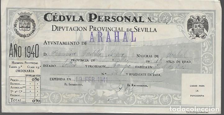 Militaria: ARAHAL- SEVILLA,- CEDULA PERSONAL. A&Ntilde;O 1940, VER FOTOS