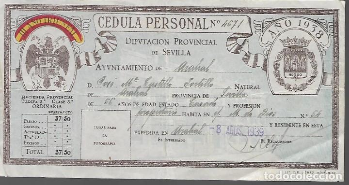 Militaria: ARAHAL- SEVILLA,- CEDULA PERSONAL. A&Ntilde;O 1938, VER FOTOS