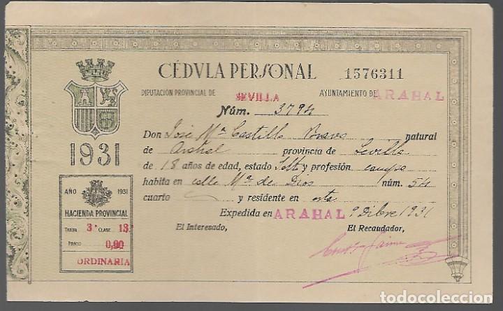 Militaria: ARAHAL- SEVILLA,- CEDULA PERSONAL. A&Ntilde;O 1931, VER FOTOS