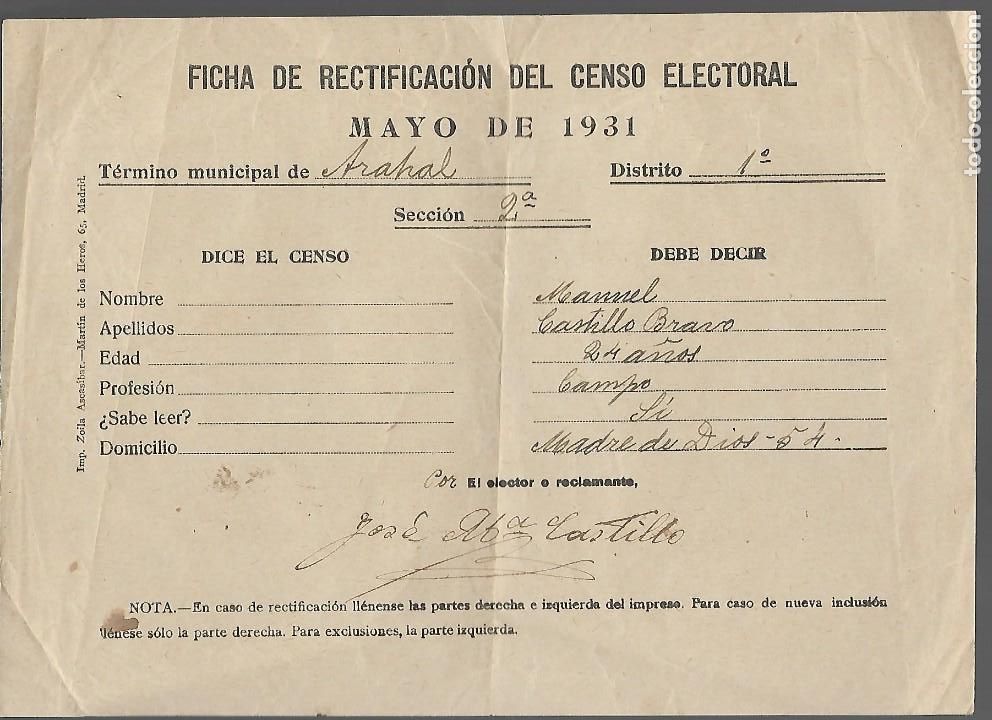 Militaria: ARAHAL- SEVILLA,- RECTIFICACION CENSO ELECTORAL, A&Ntilde;O 1931, VER FOTOS
