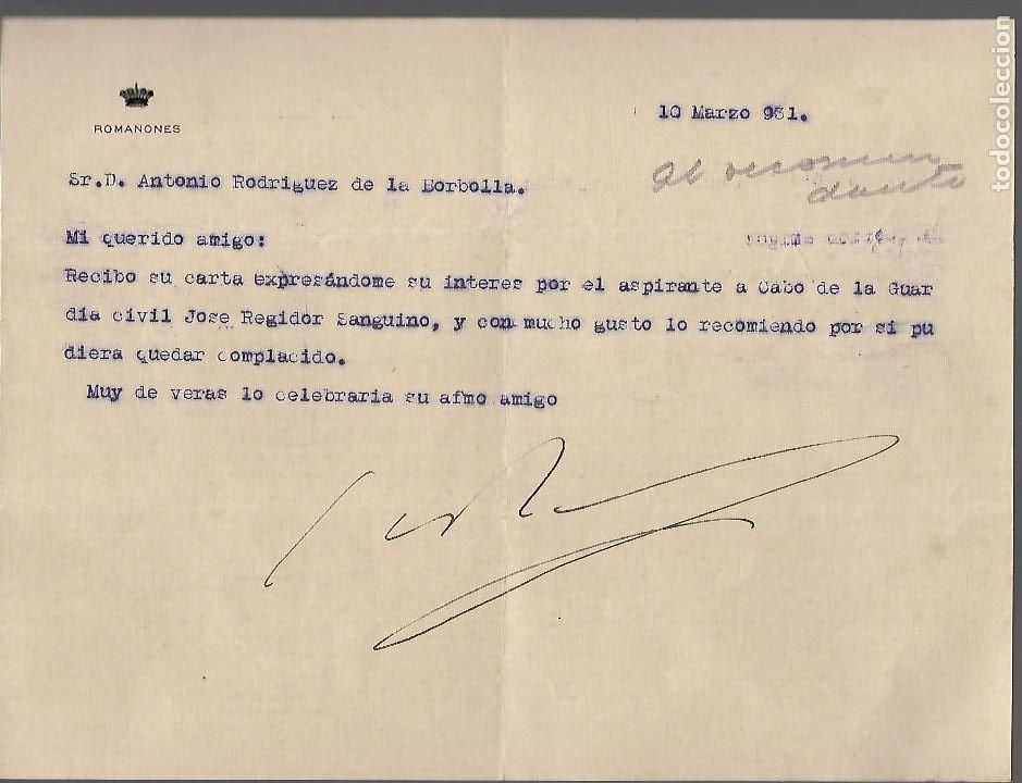 Militaria: MADRID. EL CONDE ROMANONES- MINISTRO DE ESTADO, A ANTONIO RODRIGUEZ DE LA BORBOLLA-A&Ntilde;O 1931, VER FOT