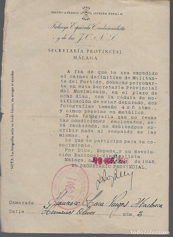 Militaria: MALAGA, FALANGE ESPA&Ntilde;OLA, ENTRGA CARNET DEFINITIVO, A&Ntilde;O 1943, VER FOTO