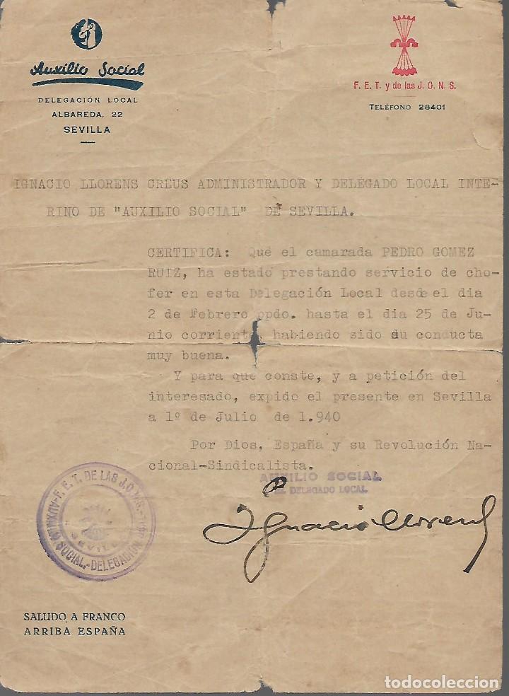 Militaria: SEVILLA, AUXILIO SOCIAL.- CERTIFICADO.- EL DELEGADO LOCAL. A&Ntilde;O 1941, VER FOTO