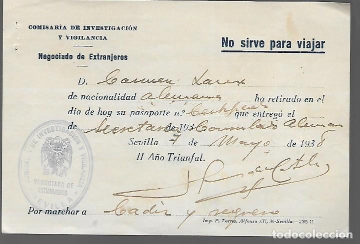 Militaria: SEVILLA, RETIRADA PASAPORTE NACIONALIDAD ALEMANA. A&Ntilde;O 1938, VER FOTO