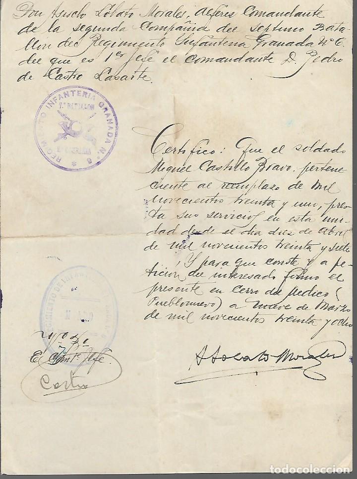 Militaria: PUEBLONUEVO-CERRO DEL INDICO- CERTIFICADO- REG.INFANTERIA GRANADA N&ordm; 6, A&Ntilde;O 1938, VER FOTOS