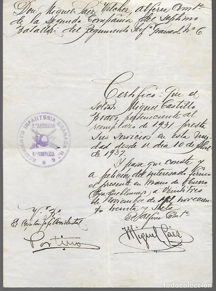 Militaria: PUEBLONUEVO- CERTIFICADO- REG.INFANTERIA GRANADA N&ordm; 6, A&Ntilde;O 1937, VER FOTOS