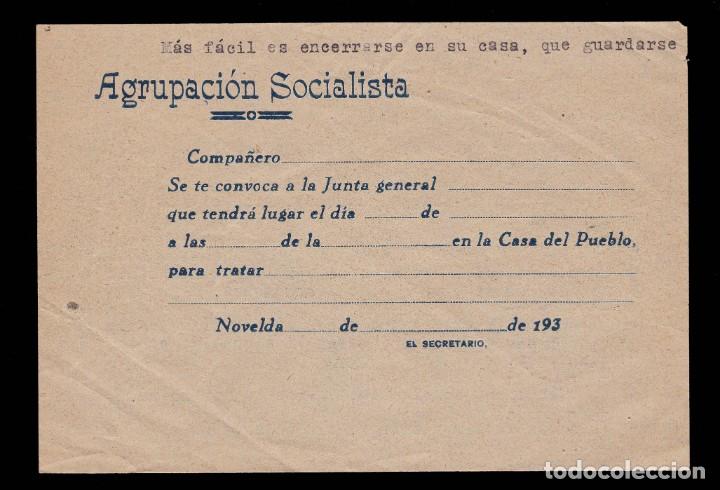 Militaria: *** RARA PAPELETA DE CONVOCATORIA 193..., AGRUPACI&Oacute;N SOCIALISTA DE NOVELDA CON FRASES CAT&Oacute;LICAS ***