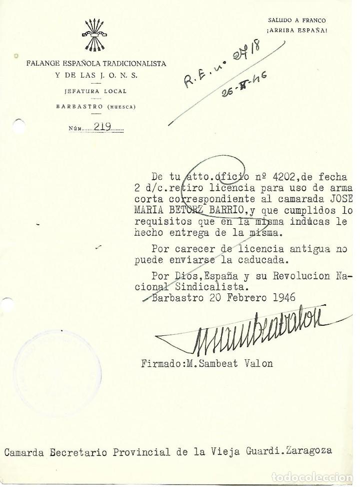 Military Antiques: Falange. Vieja Guardia de Zaragoza, 1946. Carta para permiso de armas
