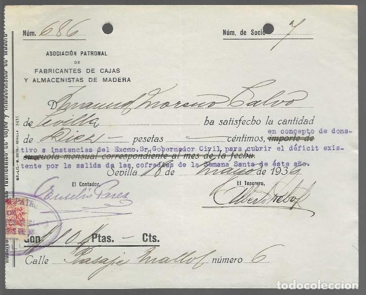 Militaria: SEVILLA.- ASOCIACION PATRONAL.-DONATIVO PARA EL DEFICIT SALIDA COFRADIAS SEMANA SANTA,1936 VER FOTOS