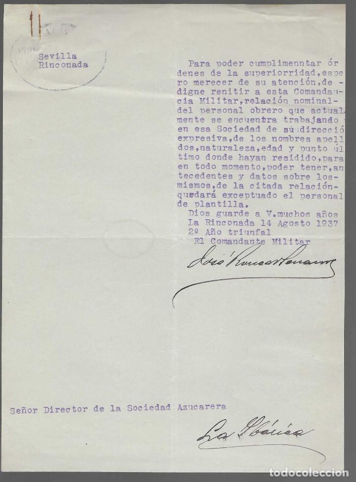 Militaria: LA RINCONADA-SEVILLA.- AL DIRECTOR AZUCARERA.- DE EL COMANDANTE MILITAR, --2 DOC.-- VER FOTOS
