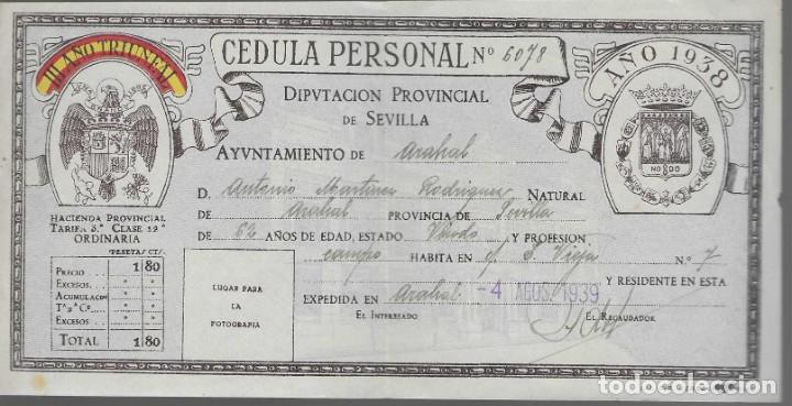 Militaria: ARAHAL- SEVILLA, CEDULA PERSONAL A&Ntilde;O 1938, VER FOTO