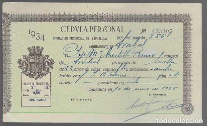 Militaria: ARAHAL- SEVILLA, CEDULA PERSONAL A&Ntilde;O 1934, VER FOTO