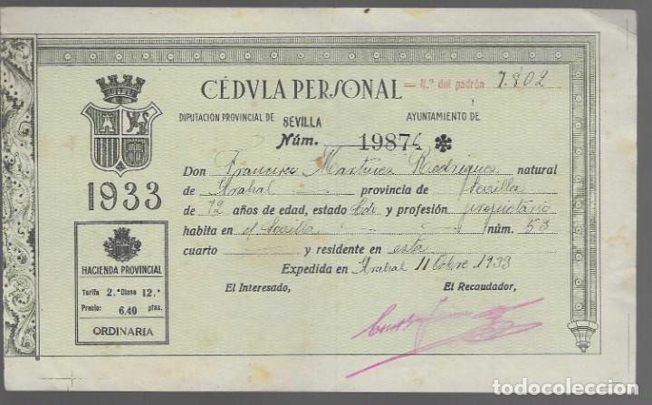 Militaria: ARAHAL- SEVILLA, CEDULA PERSONAL A&Ntilde;O 1933, VER FOTO