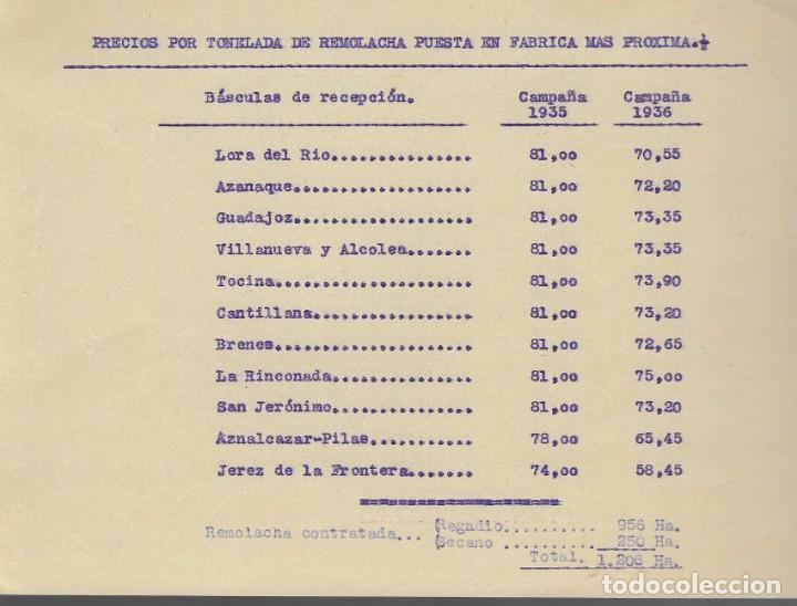 Militaria: SEVILLA.- PRECIO POR TONELADAS REMOLACHA, A&Ntilde;O 1935/36-AZUCARERA DEL GUALDALQUIVIR,VER FOTOS
