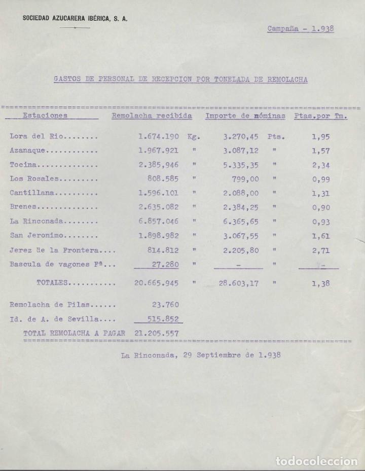 Militaria: SEVILLA.- AZUCARERA DEL GUALDALQUIVIR,GASTOS D PERSONAL RECEPCION TONELADAS REMOLACHA, CAMPA&Ntilde;A 19378
