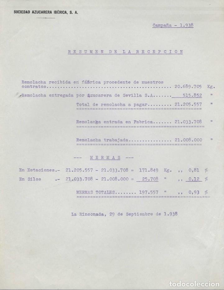 Militaria: SEVILLA.- AZUCARERA DEL GUALDALQUIVIR, RESUMEN DE LA RECEPCION, CAMPA&Ntilde;A 19378