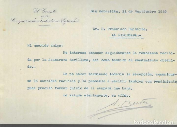 Militaria: SAN SEBASTIAN.- EL GERENTE CIA.DE INDUSTRIA AGRICOLA, A GERENTE, AZUCAREA SEVILLANA,LA RINCONADA,