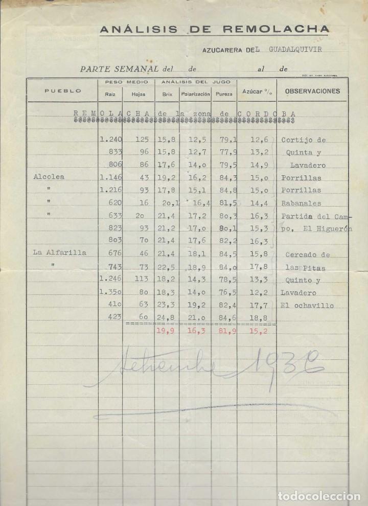 Militaria: SEVILLA, AZUCARERA DEL GUADALQUIVIR,-ANALISIS DE REMOLACHAS, ZONA DE CORDOBA,,VER FOTO