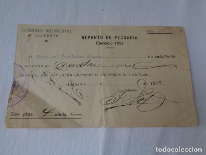 Militaria: RESGUARDO DEL PAGO DE PECUARIA AL CONSEJO MUNICIPAL DE ALPUENTE (CASTELLON) - 1937 - GUERRA CIVIL