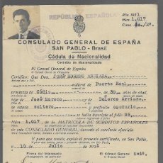 Militaria: CEDULA NACIONAL, CONSULADO GRAL. ESPAÑA EN BRASIL,-REPUBLICA AÑO 1931, VER FOTOS