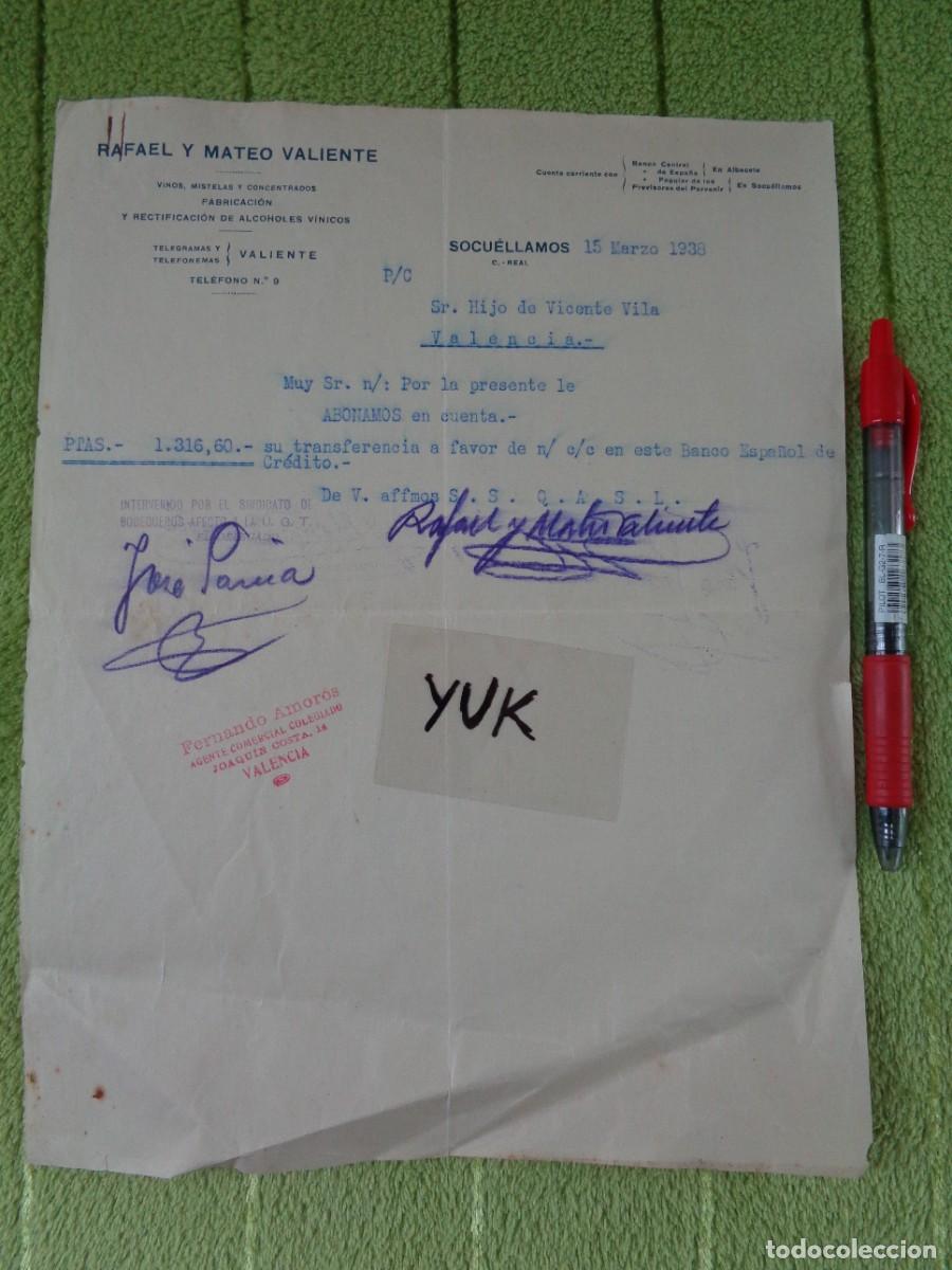 Military Antiques: Factura de Rafael Mateo :Vinos Mistelas y alcohol -Valencia- UGT bodegueros guerra civil -Marzo 1938