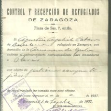 Militaria: 3960.-GUERRA CIVIL-SALVOCONDUCTO-ZARAGOZA- 1937-CONTROL Y RECEPCION DE REFUGIADOS DE ZARAGOZA. Lote 366766911
