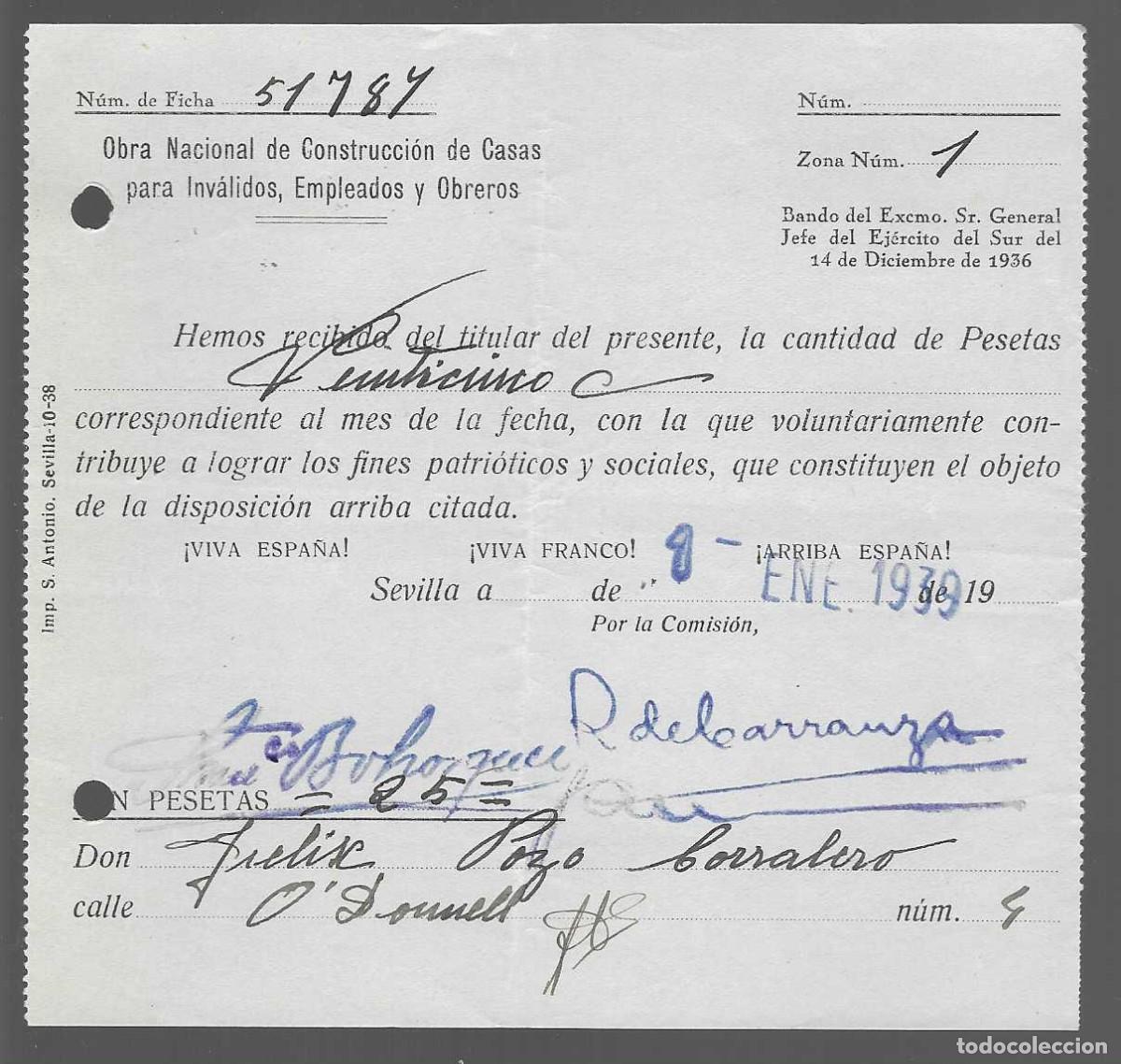 Military Antiques: SEVILLA, OBRA NACIONAL- CASOS INVALIDOS.EMPLEADOS Y OBREROS, ENERO 1939,- TIPO I- VER FOTO