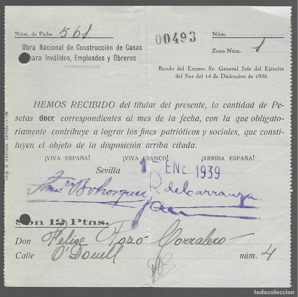Military Antiques: SEVILLA, OBRA NACIONAL- CASOS INVALIDOS.EMPLEADOS Y OBREROS, ENERO 1939,- TIPO II- VER FOTO