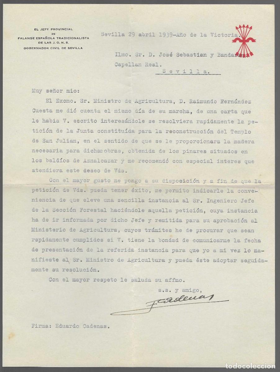 Militaria: SEVILLA, SOLICITUD MADERA RECONSTRUCCION TEMPLO SAN JULIAN.- FIRMADO.- EDUARDO CADENAS, F.E. GOB. CI