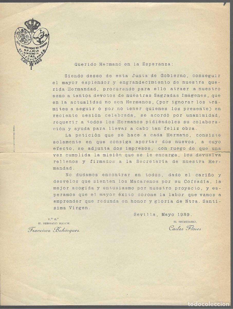Militaria: SEVILLA, A LOS HERMANOS ESPERANZA MACARENA,- ATRAER DEVOTOS..A&Ntilde;O MAYO 1939, VER Y LEER TEXTO,