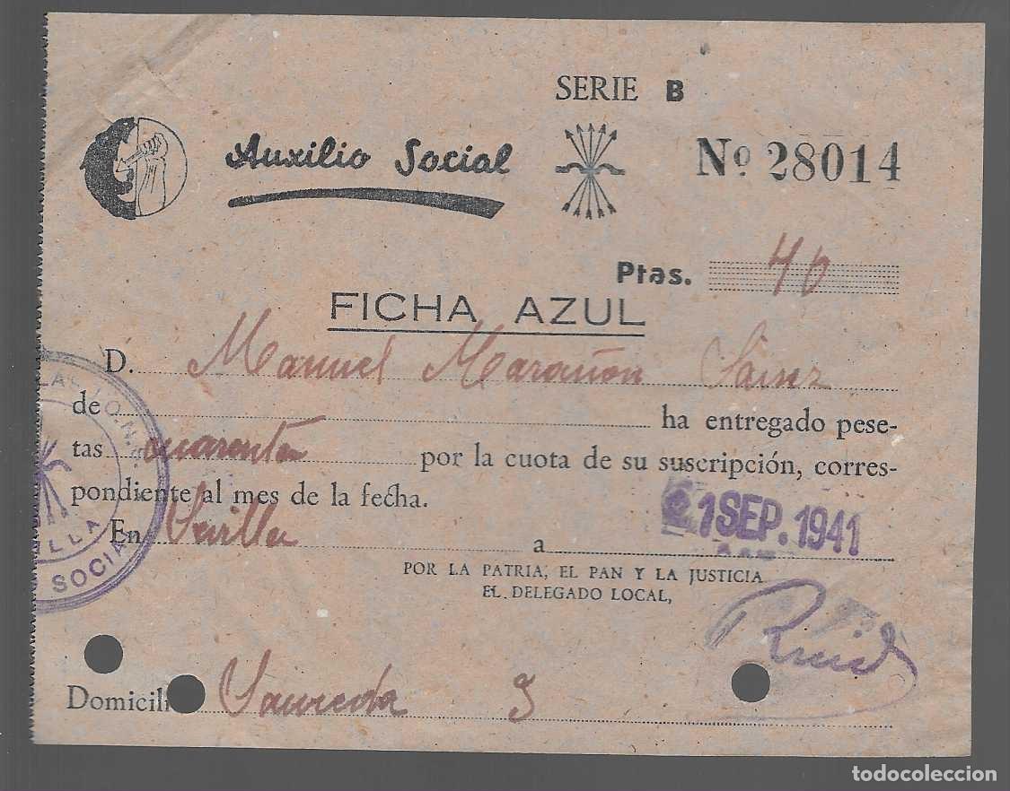 Militaria: SEVILLA, F.E.- AUXILIO SOCIAL.- CUOTA - VER FOTOS