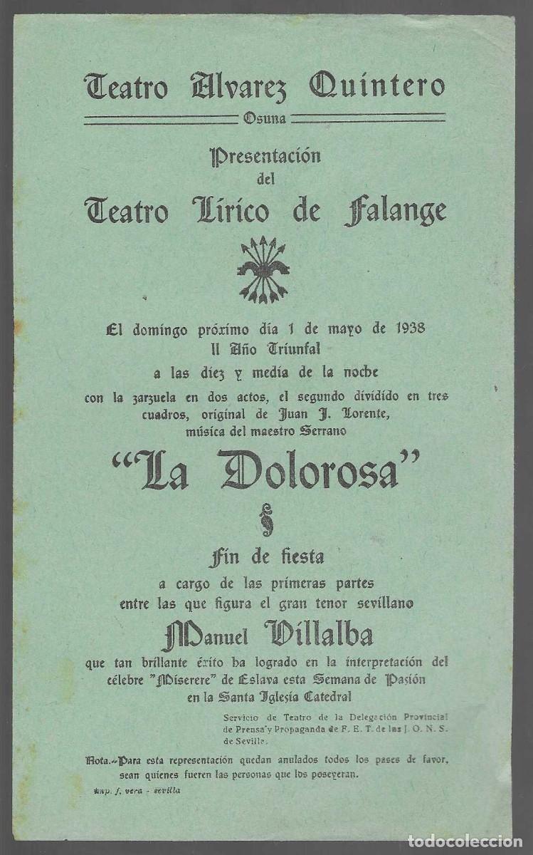 Militaria: OSUNA-SEVILLA.- TEATRO ALVAREZ QUINTERO- LA DOLOROSA.- MAYO 1938,-, VER FOTO