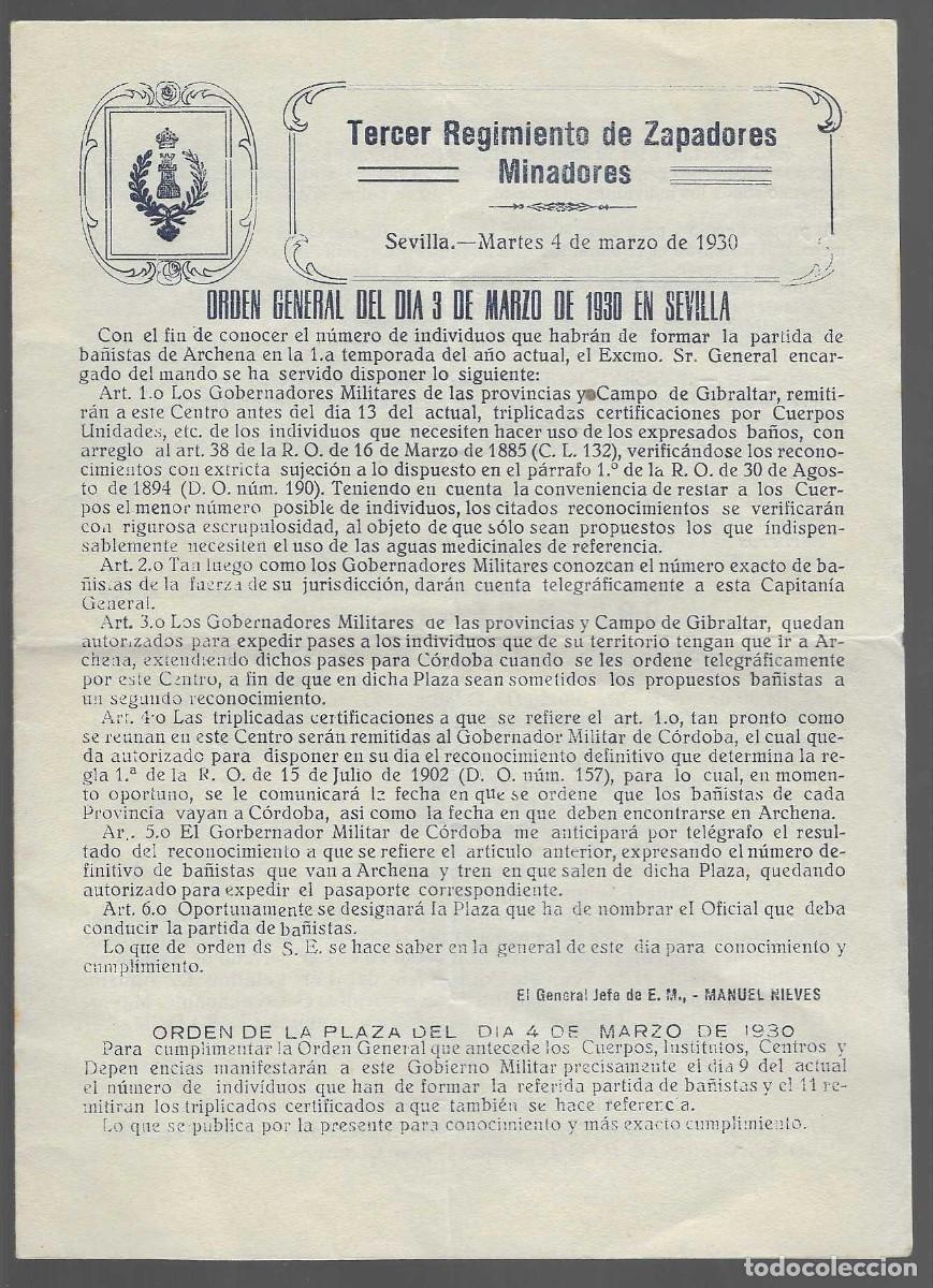 Militaria: SEVILLA,- DIPTICO.- TERCER REG. ZAPADORES MINADORES,- ORDEN GRAL. MARZO 1930. VER FOTOS