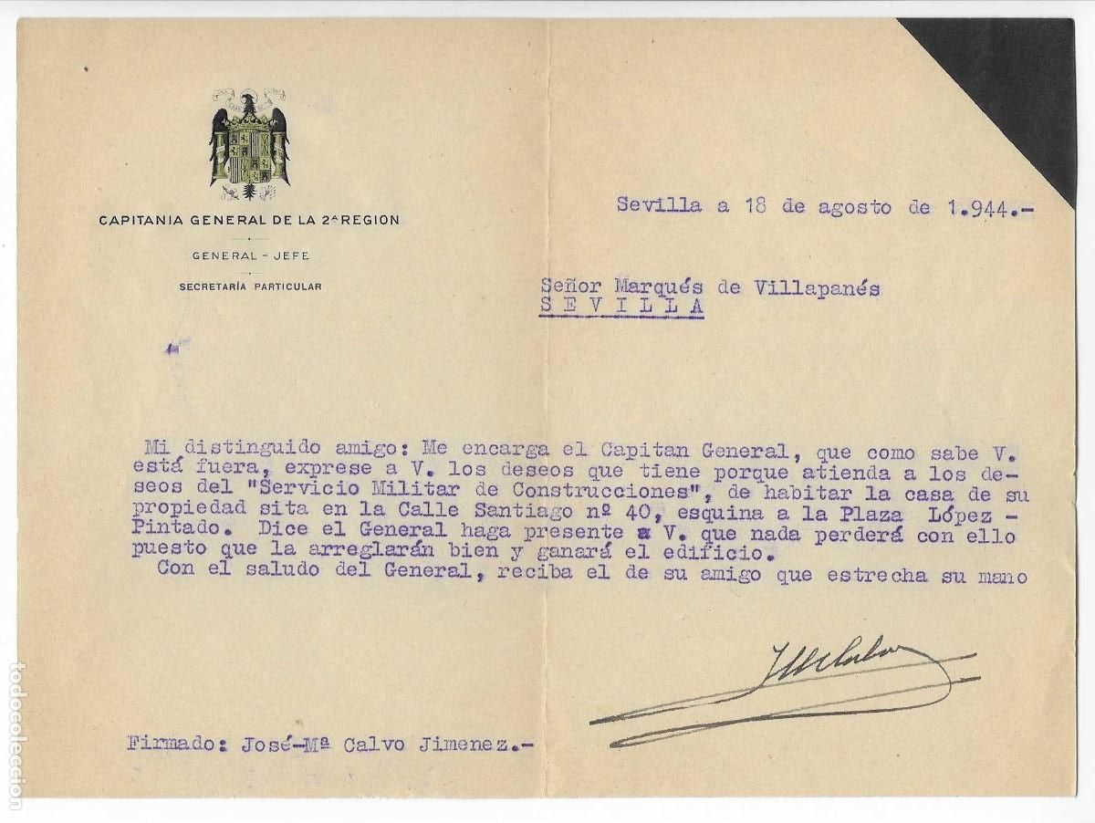 Militaria: SEVILLA.- CAPITANIA GRAL. 2&ordm; REGION -GENERAL JEFE- PARTICULAR.- FIRMADO.- JOSE M&ordm; CALVO JIMENEZ. VER