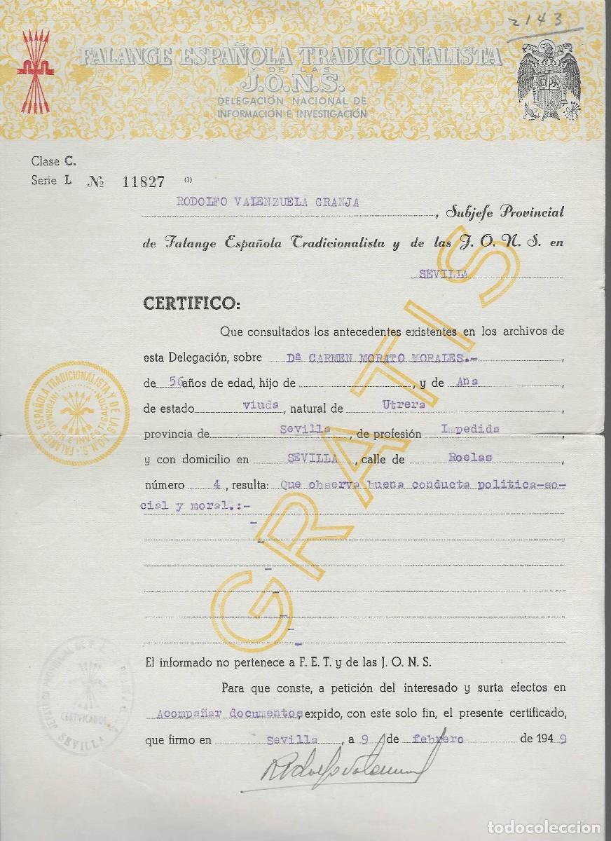 Militaria: SEVILLA.- F.E.J.O.N.S. CERTIFICADO ANTECEDENTES.- FIRMADO.- RODOLFO VALENZUELA GRANJA, VER FOTO