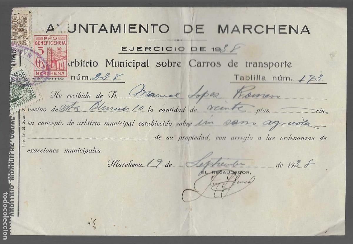 Militaria: MARCHENA- SEVILLA- ARBITRIO MUNICIPAL SOBRE CARROS DE TRANSPORTE.- VER FOTO