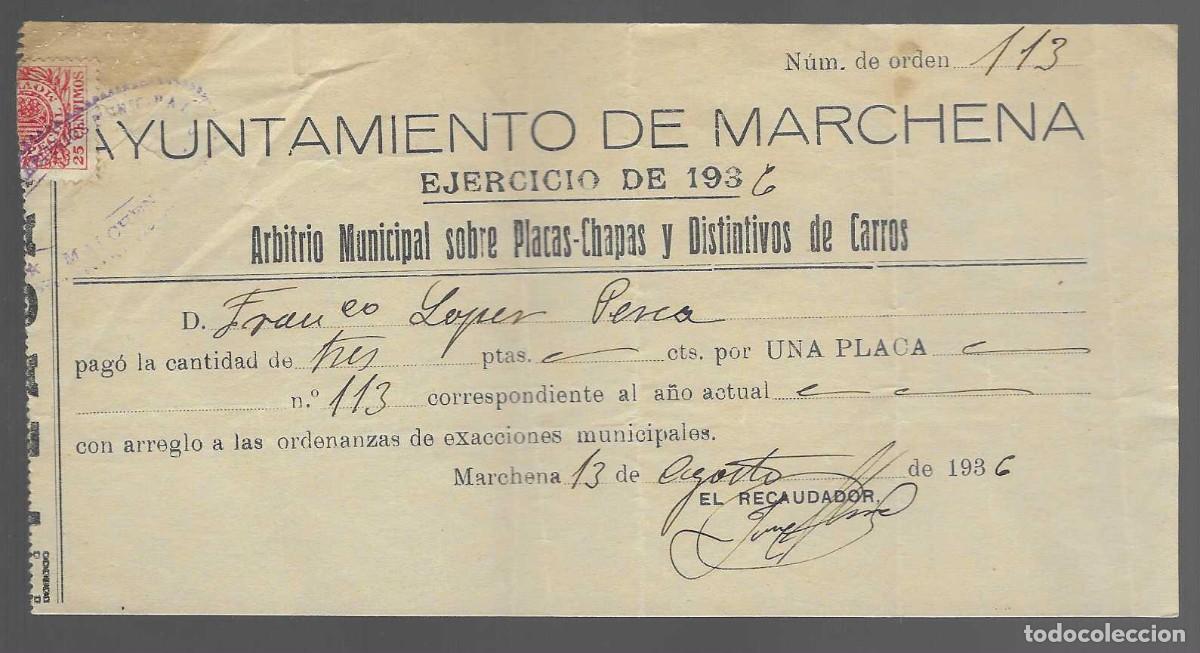Militaria: MARCHENA- SEVILLA- ARBITRIO MUNICIPAL SOBRE PLACAS-CHAPAS Y DISTINTIVOS DE CARROS- VER FO.- VER FOTO