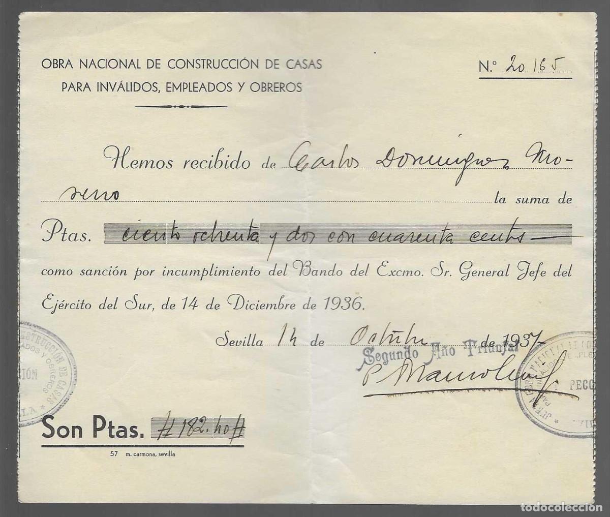 Militaria: SEVILLA- SANCION POR INCUMPLIMIENTO BANDO EXC, SR. GENERAL JEFE EJERCITO DEL SUR DIC. 1936.VER FOTO