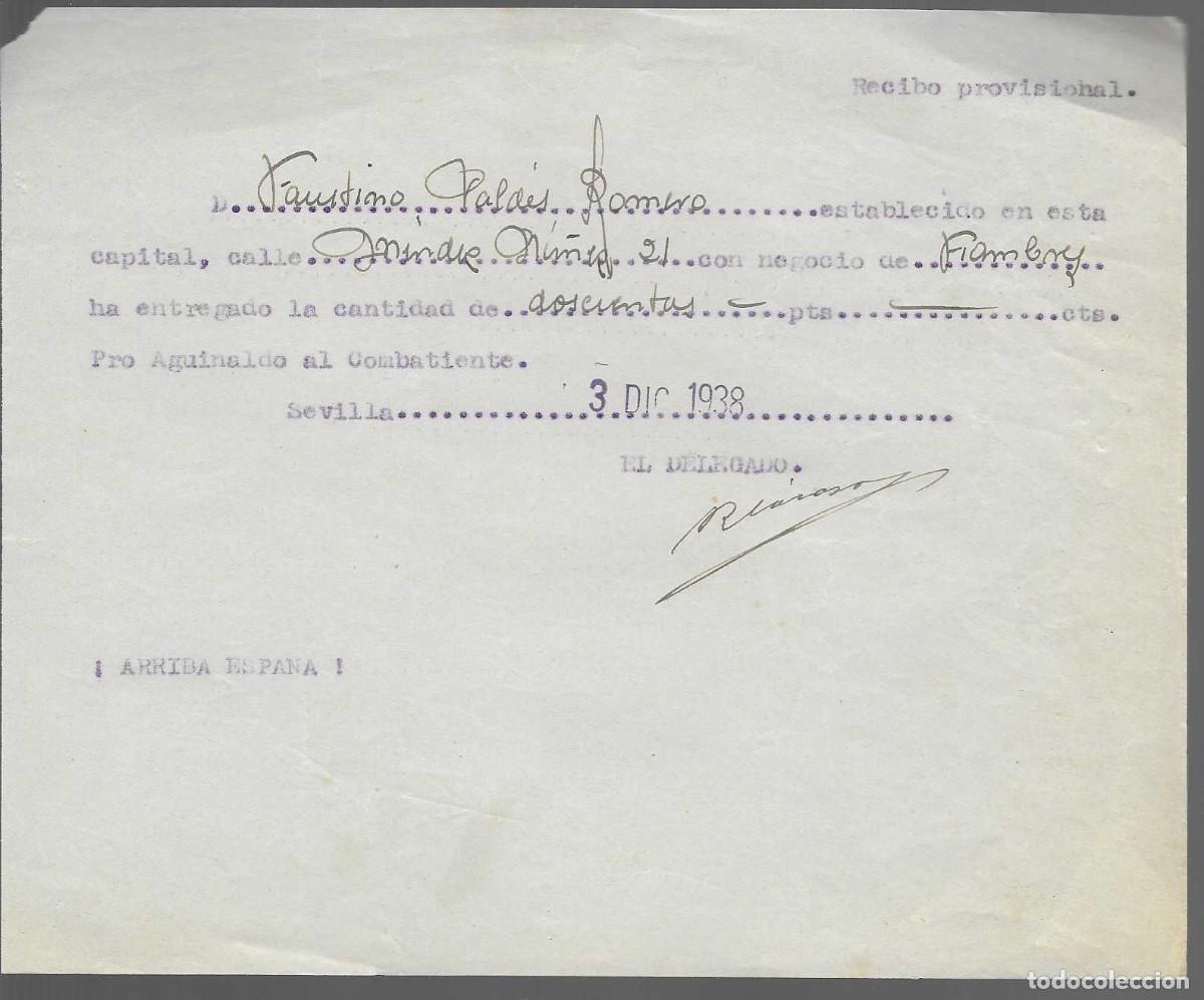 Militaria: SEVILLA- NEGOCIO DE FIAMBRE DONA 200 PTAS-PRO AGUINALDO AL COMBATIENTE.- DICIEMBRE 1938- .VER FOTO