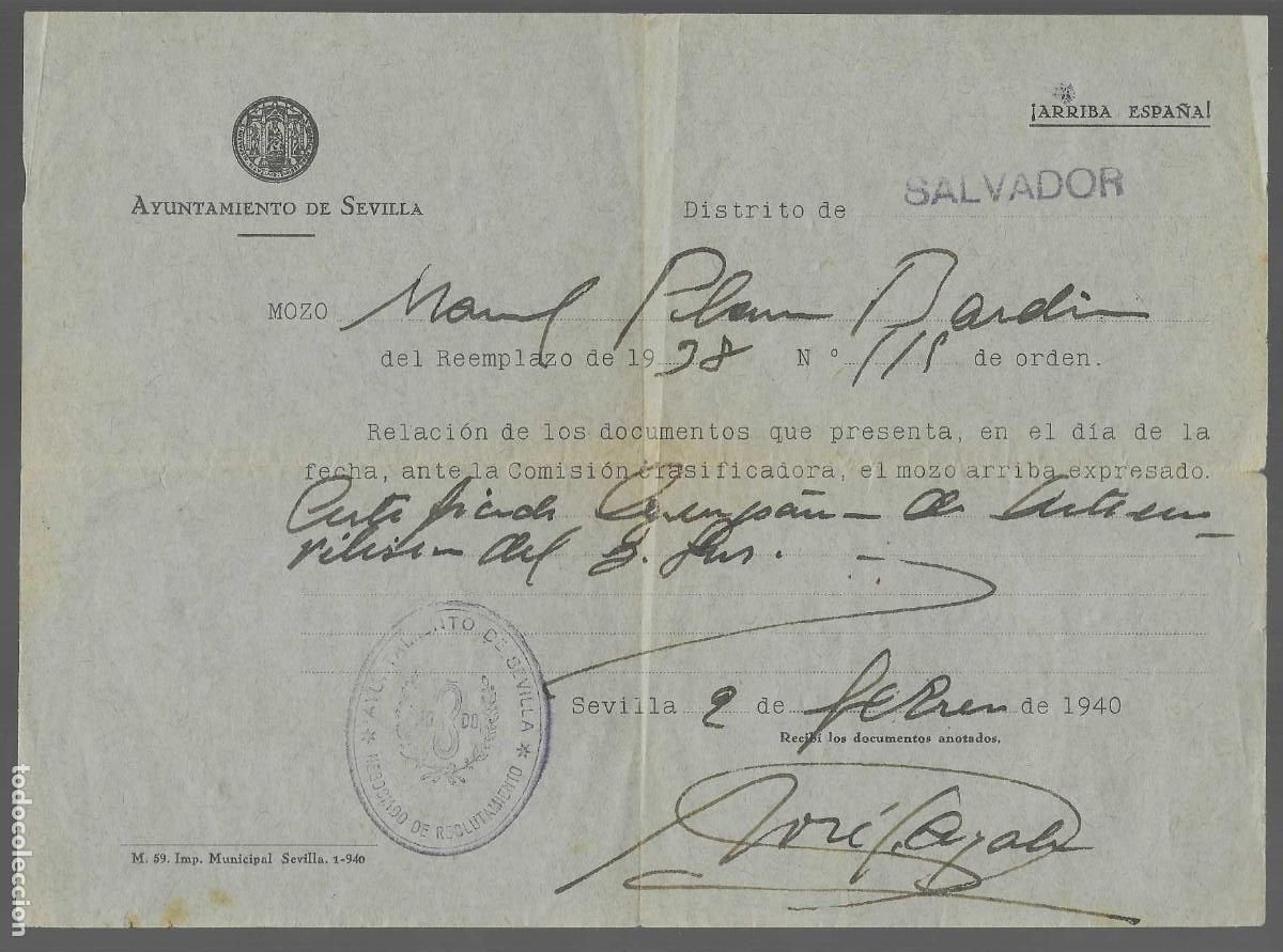 Militaria: SEVILLA-AYUNTAMIENTO -DISTRITO SALVADOR.- COMISION CLASIFICADORA.VER FOTO