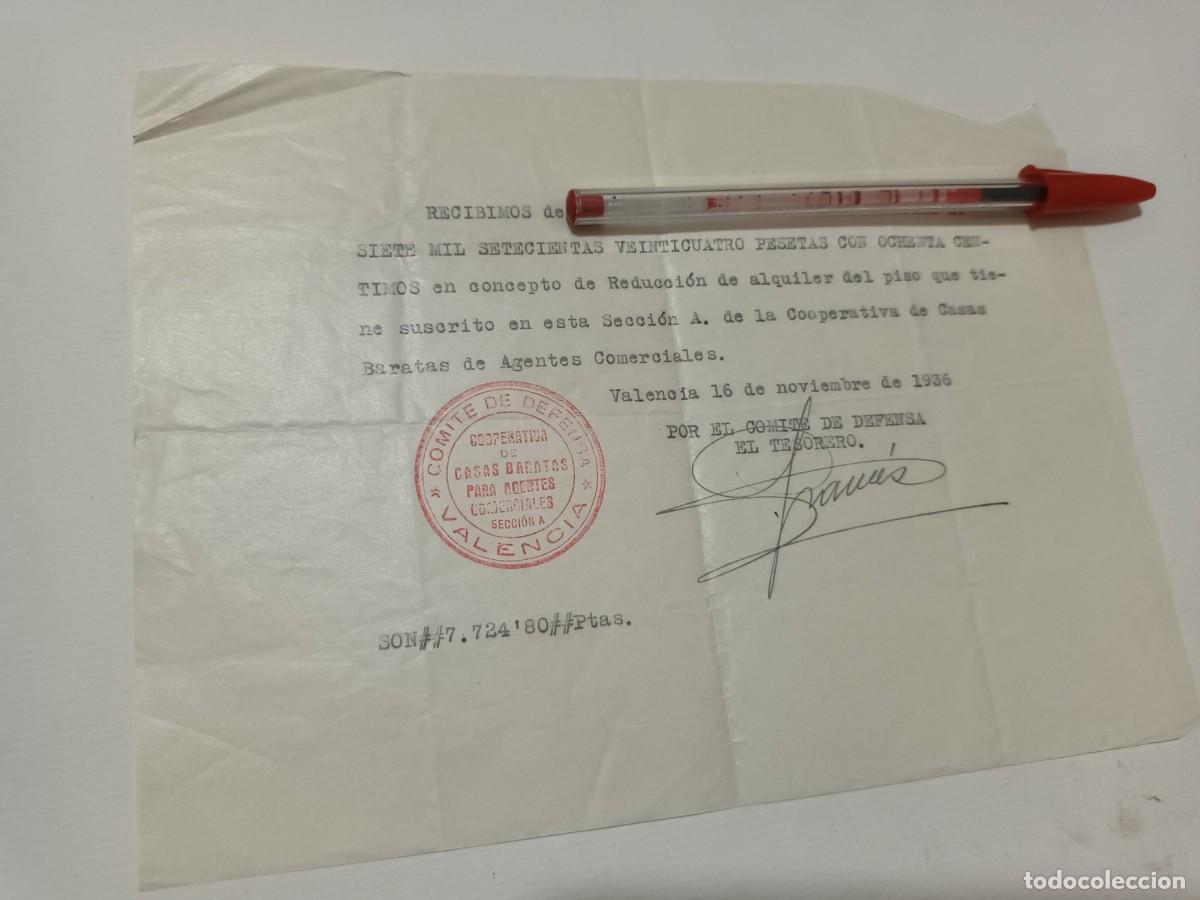 Militaria: Recibo de pago de alquiler de una habitaci&oacute;n en Valencia 1936 guerra civil cu&ntilde;o Comit&eacute; de Defensa