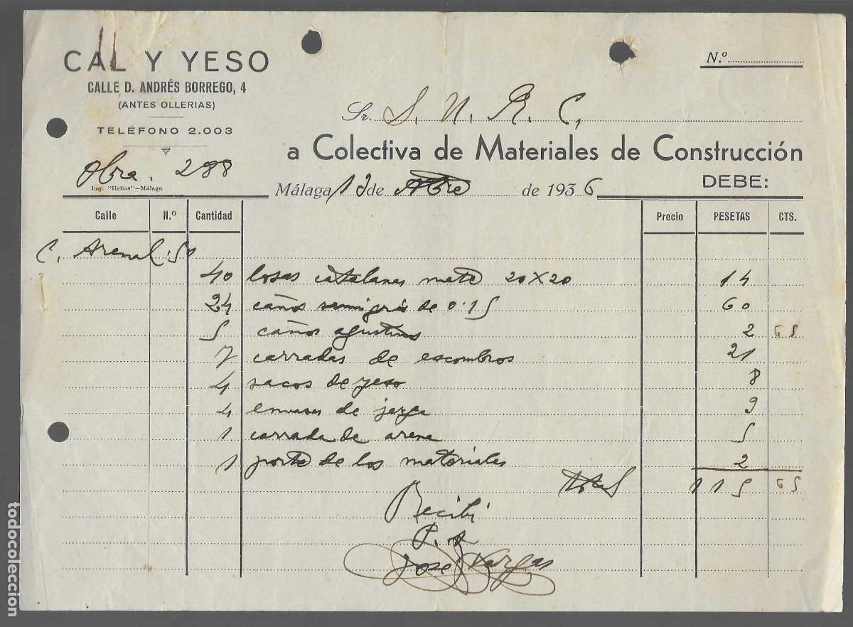 Militaria: MALAGA, FACTURA A COLECTIVA DE MATERIALES DE CONSTRUCCION-REPUBLICA- VER FOTO