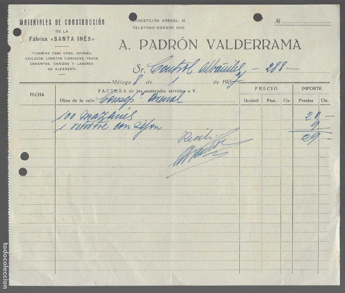 Militaria: MALAGA, FACTURA A MATERIALES DE CONSTRUCCION-SANTA INES-REPUBLICA- VER FOTO