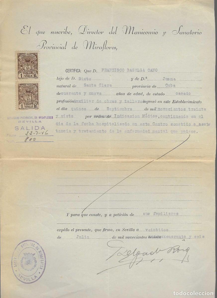 Militaria: SEVILLA, CERTIFICADO,- MANICOMIO Y SANITORIO DE MIRAFLORES,- 2 TIMBRE PROV. VER FOTO