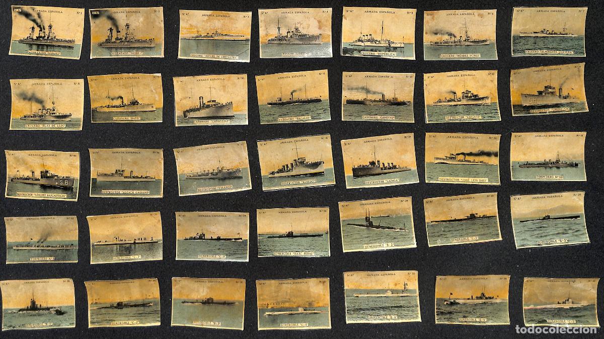 Militaria: Colecci&oacute;n de 35 cromos procedentes de cajas de cerillas de La armada espa&ntilde;ola 1936-39 4,7 x 3,2 cm.