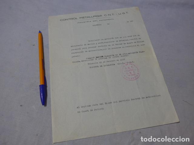 Militaria: * Antiguo documento de CNT UGT automovil, Quart de Poblet, 1937, Valencia. Guerra civil. ZX