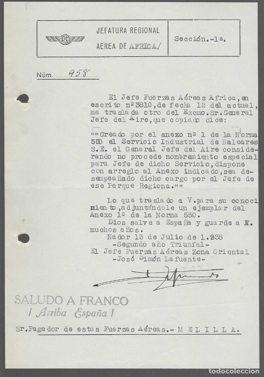 Militaria: NADOR,- JEFE FUERZAS AEREAS EN AFRICA,- ANEXOS Y NORMAS... 13 DE JULIO 1938, JOSE SIMON LA FUENTE