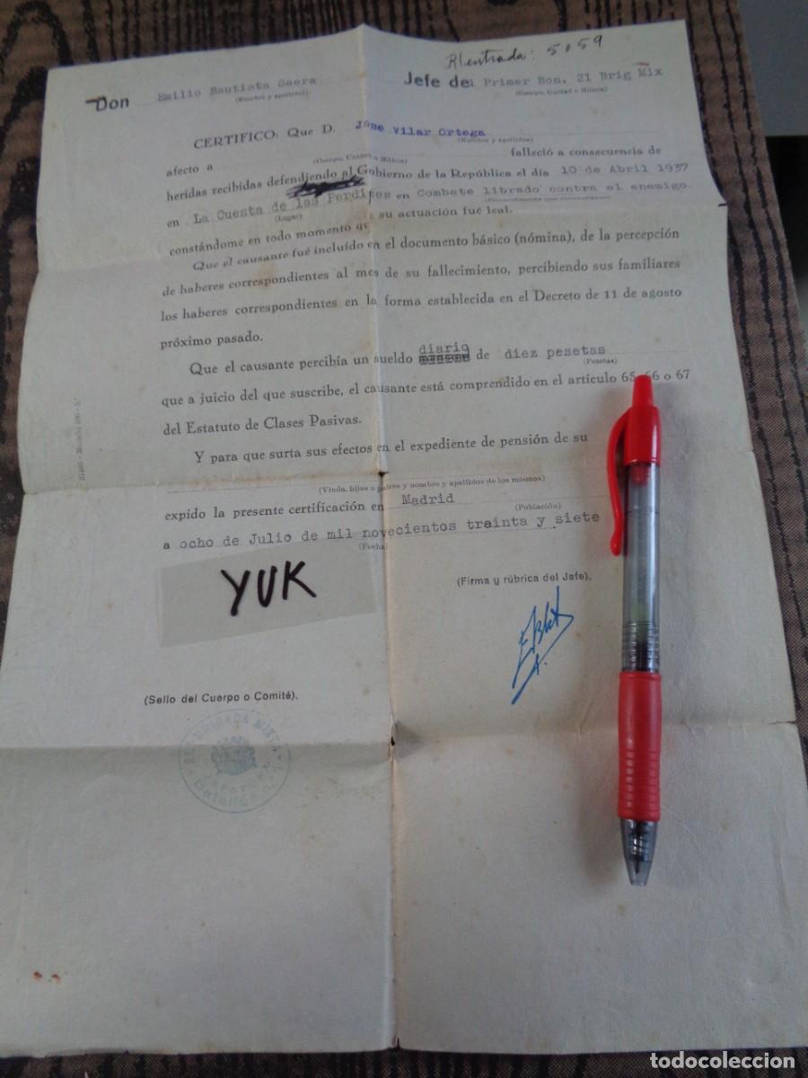 Militaria: Certificado original de fallecimiento en Brigada Mixta de la Rep&uacute;blica: 1937 Cuesta de las perdices