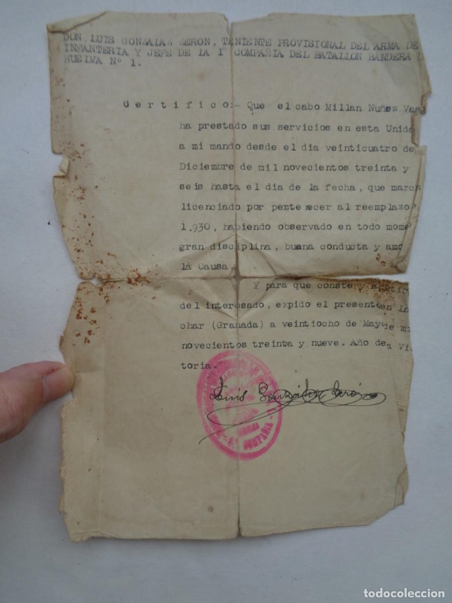 Militaria: GUERRA CIVIL - FALANGE : CERTIFICADO SERVICIO CABO. BANDERA DE HUELVA. LACHAR ( GRANADA ) 1939