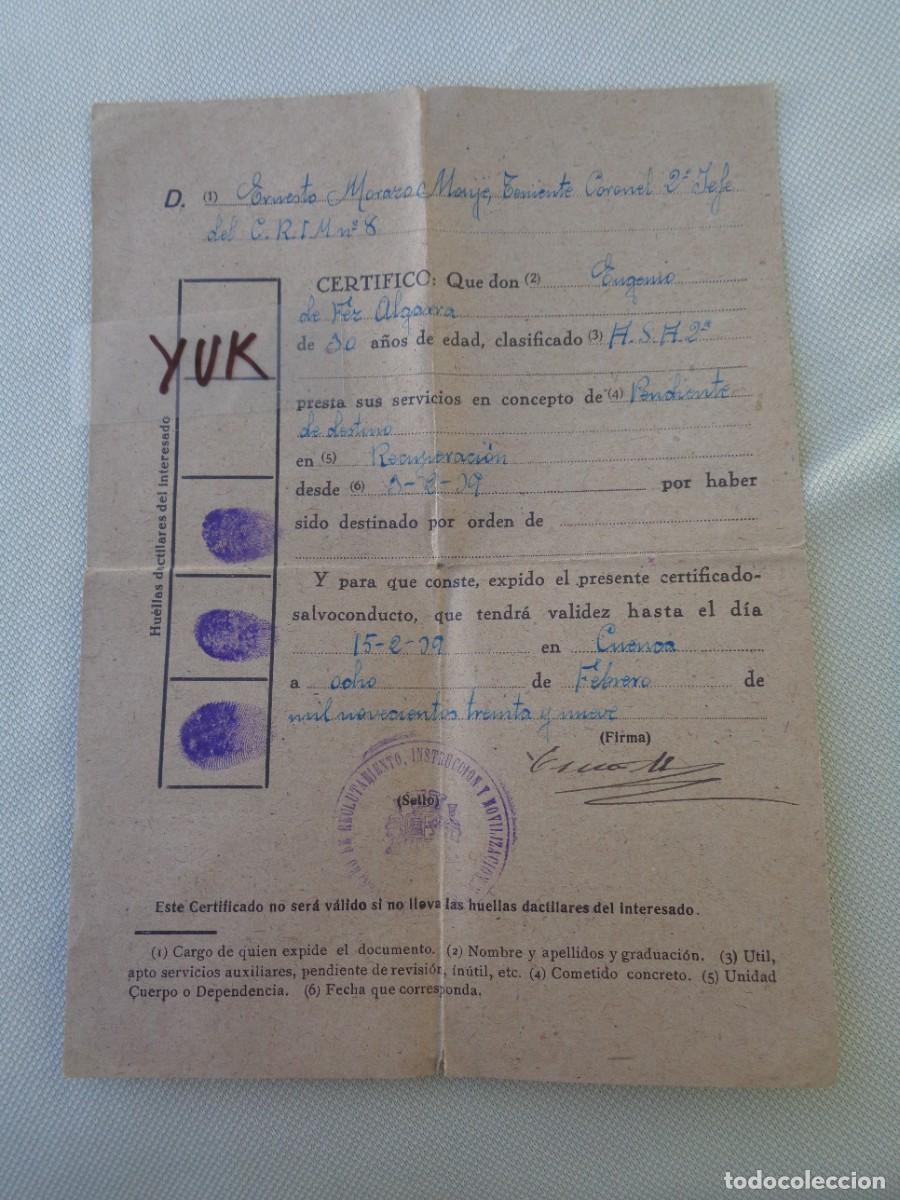 Militaria: CERTIFICADO SALVOCONDUCTO DEL 8-2-1939 CUENCA - GUERRA CIVIL